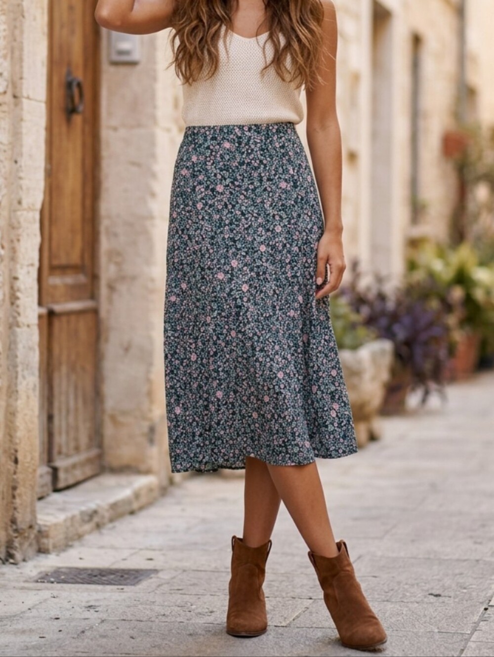 Lauren Conrad Women's Dark Green Maxi Skirt with Pink Floral Print Flowy Size 2X